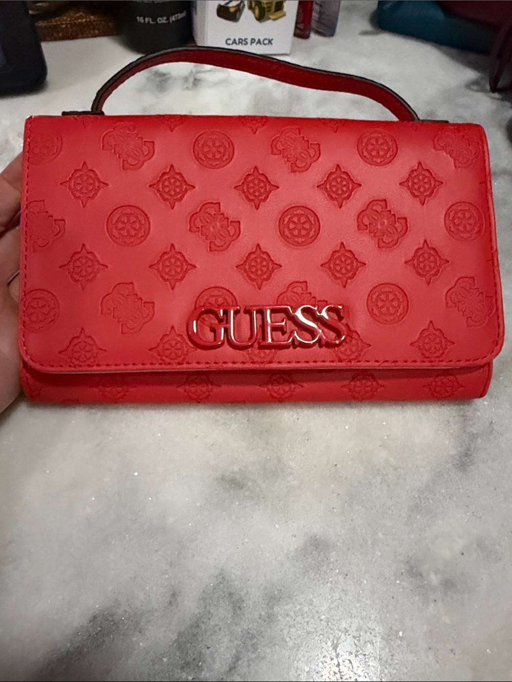 GUESS Red Embossed Logo Wristlet Clutch